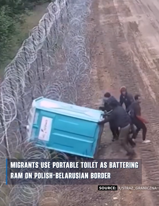 Migrants Use Portable Toilet as Battering Ram Amid Rising Border Tensions Between Poland and Belarus