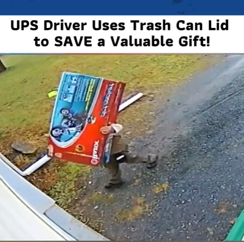 Heroic Moment: UPS Driver Grabs a Trash Can Lid to Shield a Priceless Gift from Disaster
